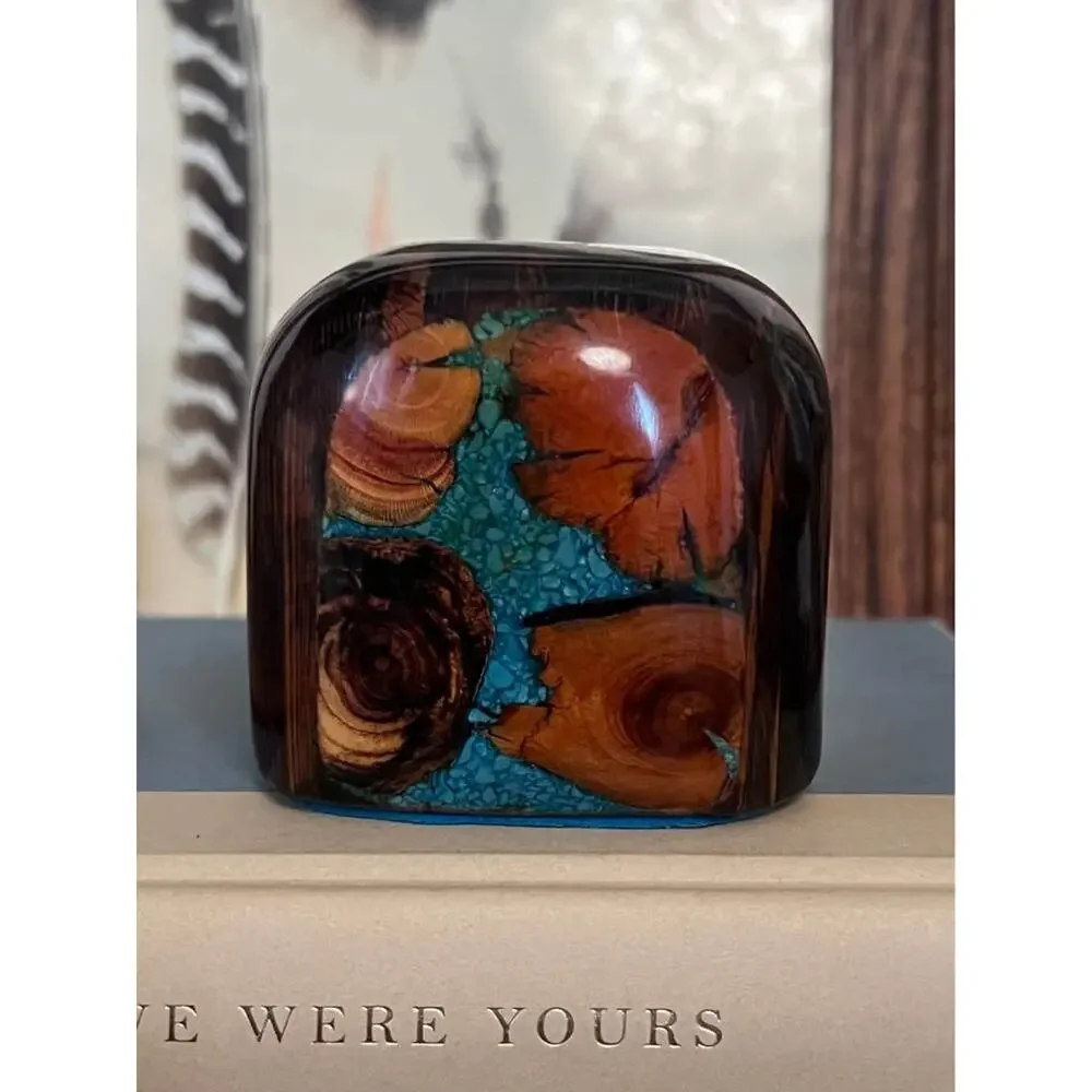 1970’s Wood and Turquoise Inlay Small Polished Vase